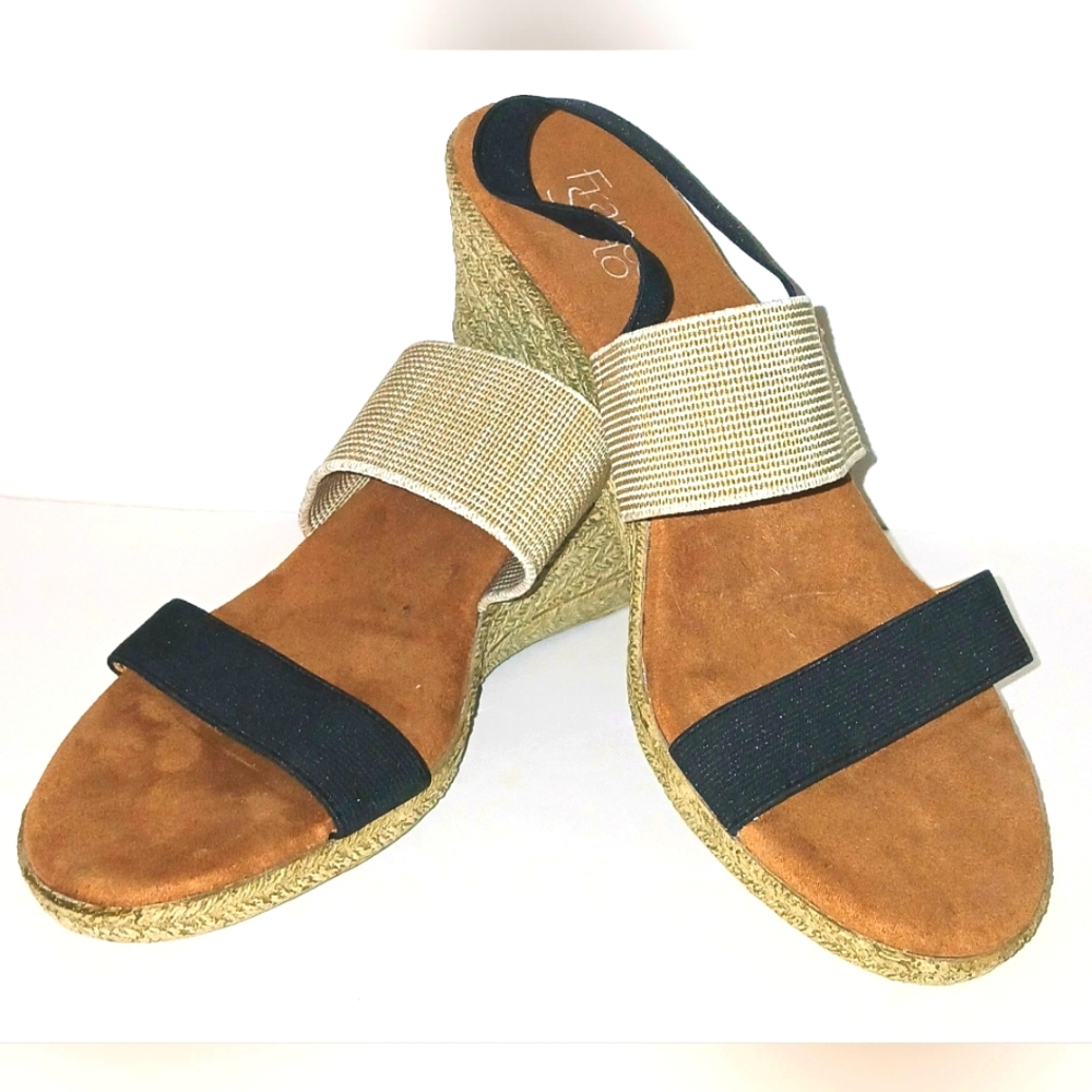 Franco Sarto Black and Tan Espadrille Irene Wedge Sandal, Size 9